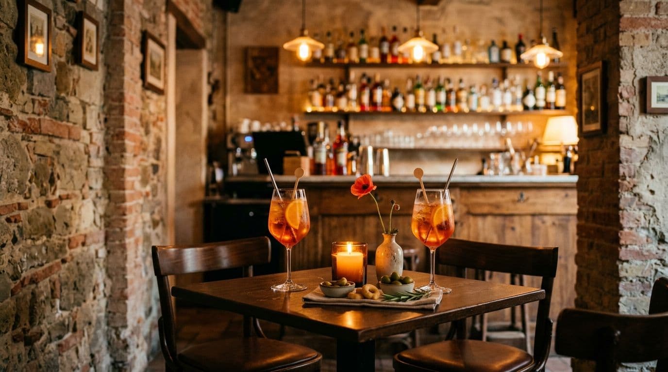 Un bar italiano con due Aperol Spritz su un tavolo apparecchiato, in attesa di un incontro vero